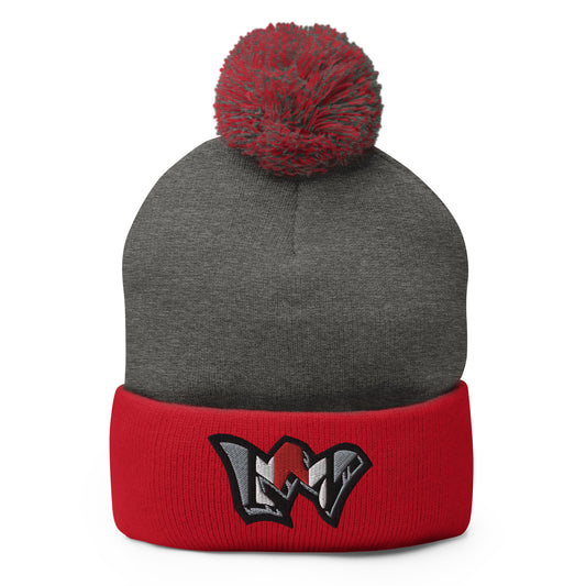 Striped Crown Embroidered Beenie with pom-pom